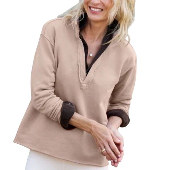 FRANK & EILEEN Patrick Henley Popover Triple Fleece Women Size XS In Sand Beige - Picture 1 of 7